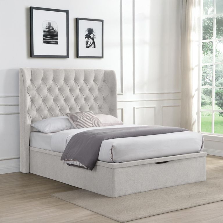 Clara Ottoman Storage Bed - Buttoned Back - Beige - Fabric - Sizes Available