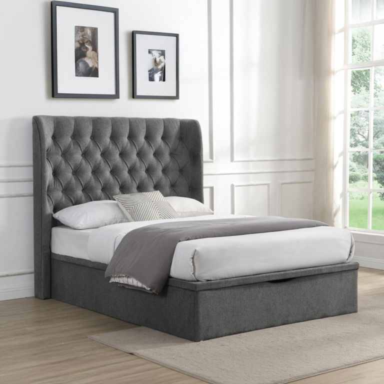 Clara Ottoman Storage Bed - Buttoned Back - Grey - Fabric - Sizes Available