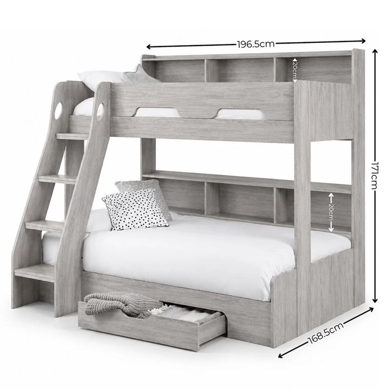 Orion Bunk Bed - 1 Drawer - Grey - Oak Effect