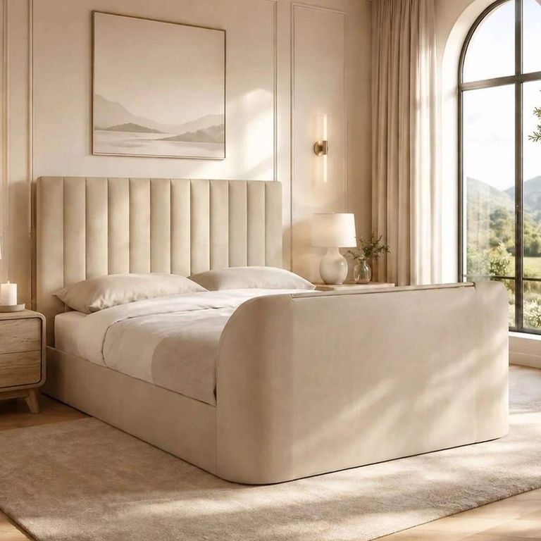 Alana Side Lift Ottoman TV Bed - Cream Velvet - Fabric - Sizes Available