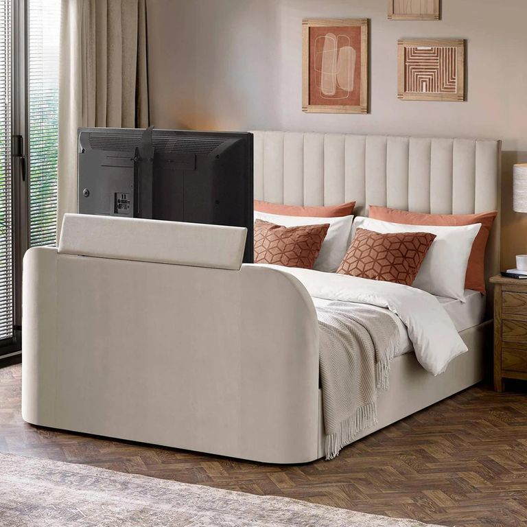 Alana Side Lift Ottoman TV Bed - Cream Velvet - Fabric - Sizes Available