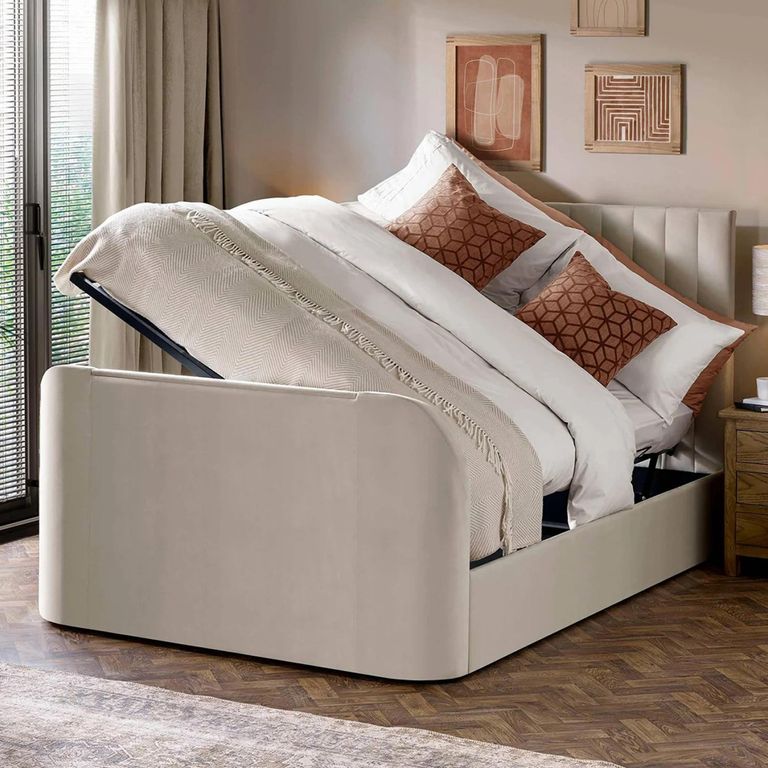 Alana Side Lift Ottoman TV Bed - Cream Velvet - Fabric - Sizes Available
