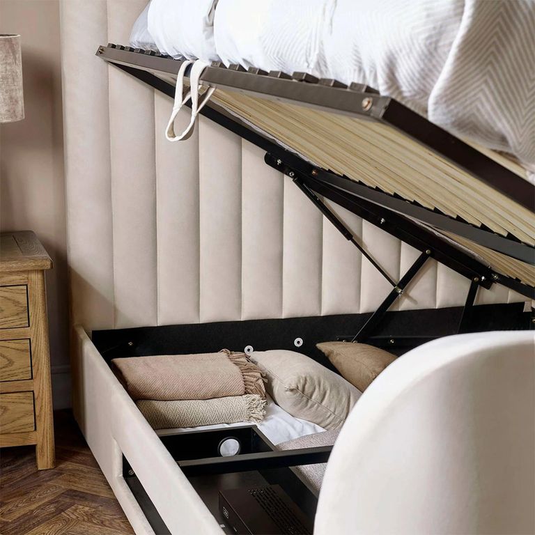 Alana Side Lift Ottoman TV Bed - Cream Velvet - Fabric - Sizes Available