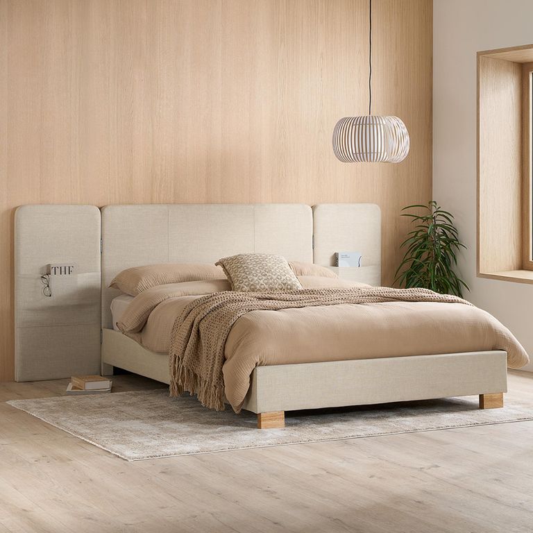 Isla Bed - Extra Wide Panelled Headboard - Beige - Fabric - Sizes Available
