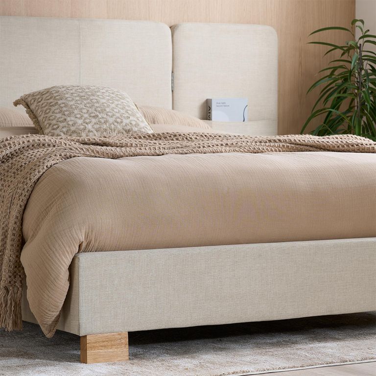 Isla Bed - Extra Wide Panelled Headboard - Beige - Fabric - Sizes Available