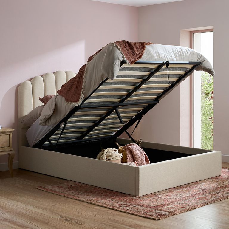 Monaco Ottoman Storage Bed - Beige - Fabric - Sizes Available