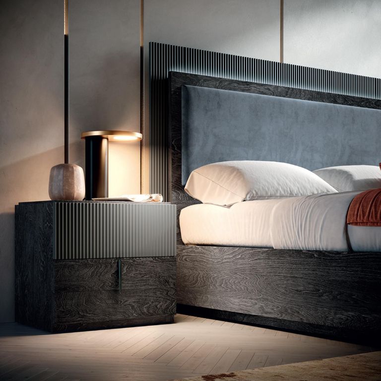 Onyx Italian Fluted Bed - with Fabric Headboard - Charcoal Black and MedBlue - Sizes Available