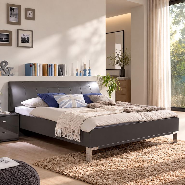 Tokio Havana Leather Cushion Silver Angled Feet 5ft King Size 160cm x 200cm Bed