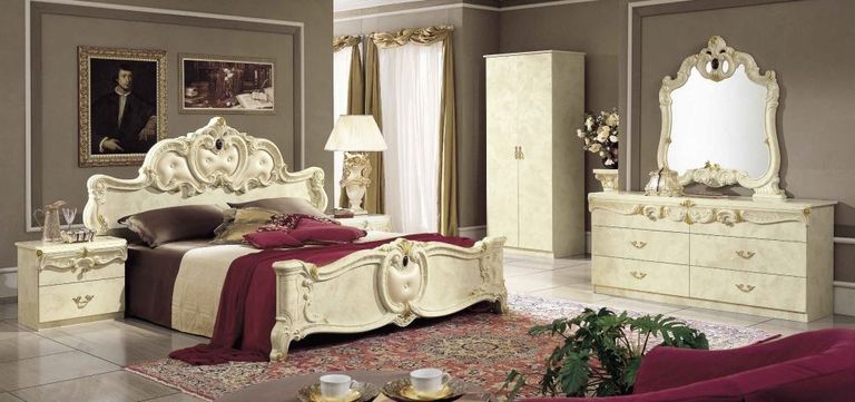 Barocco Bed - 6ft Queen Size - Ivory - Leather