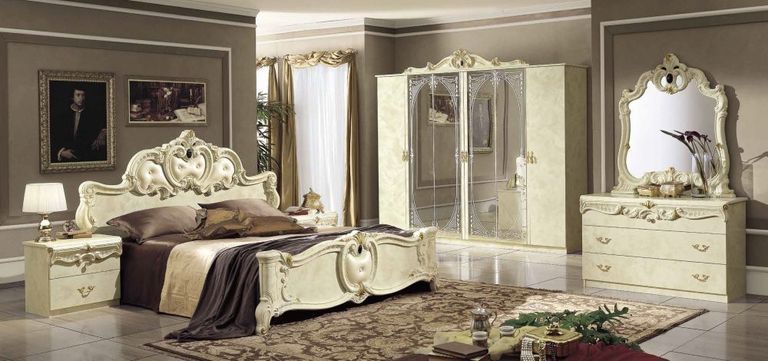 Barocco Bed - 6ft Queen Size - Ivory - Leather