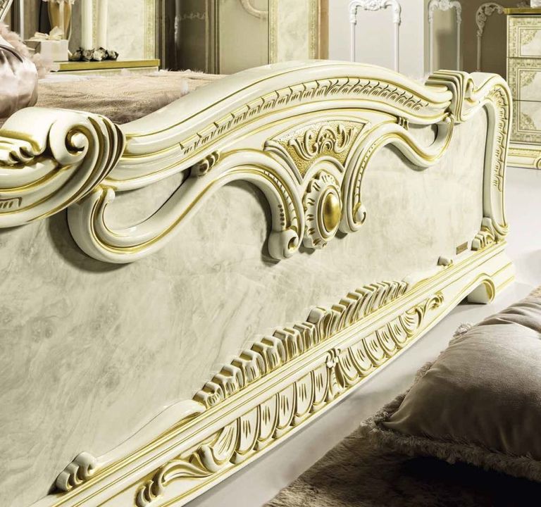 Leonardo Bed - Upholstered - Ivory Gloss and Gold - Sizes Available