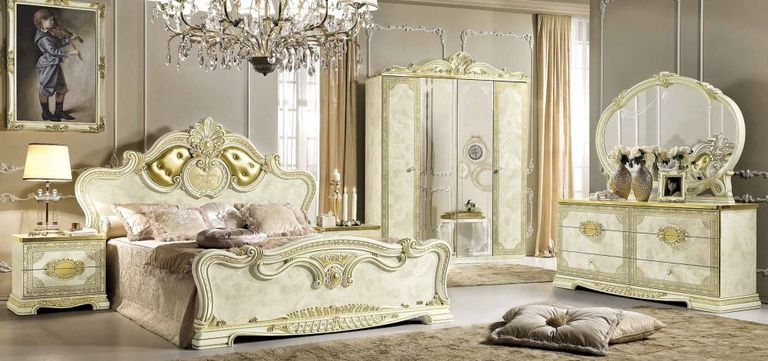 Leonardo Bed - Upholstered - Ivory Gloss and Gold - Sizes Available
