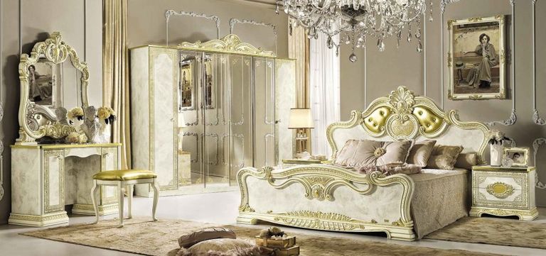 Leonardo Bed - Upholstered - Ivory Gloss and Gold - Sizes Available