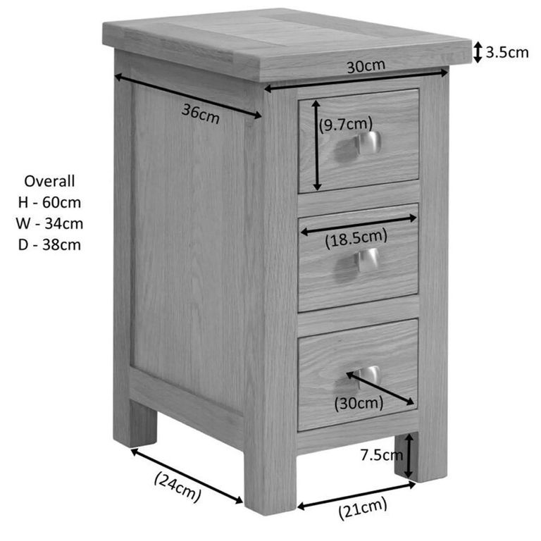 Original Bedside Cabinet - 3 Drawer Compact - Rustic Oak