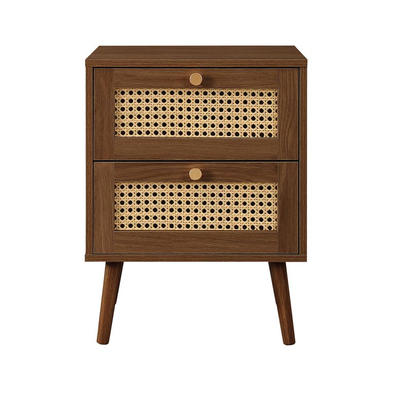 Croxley Bedside Cabinet - 2 Drawer - Walnut and Rattan