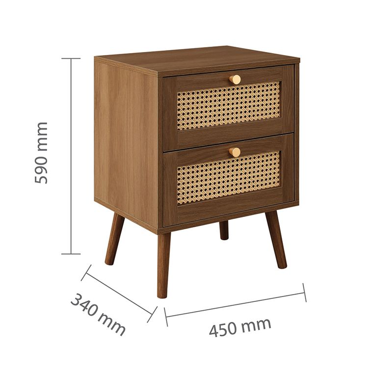 Croxley Bedside Cabinet - 2 Drawer - Walnut and Rattan
