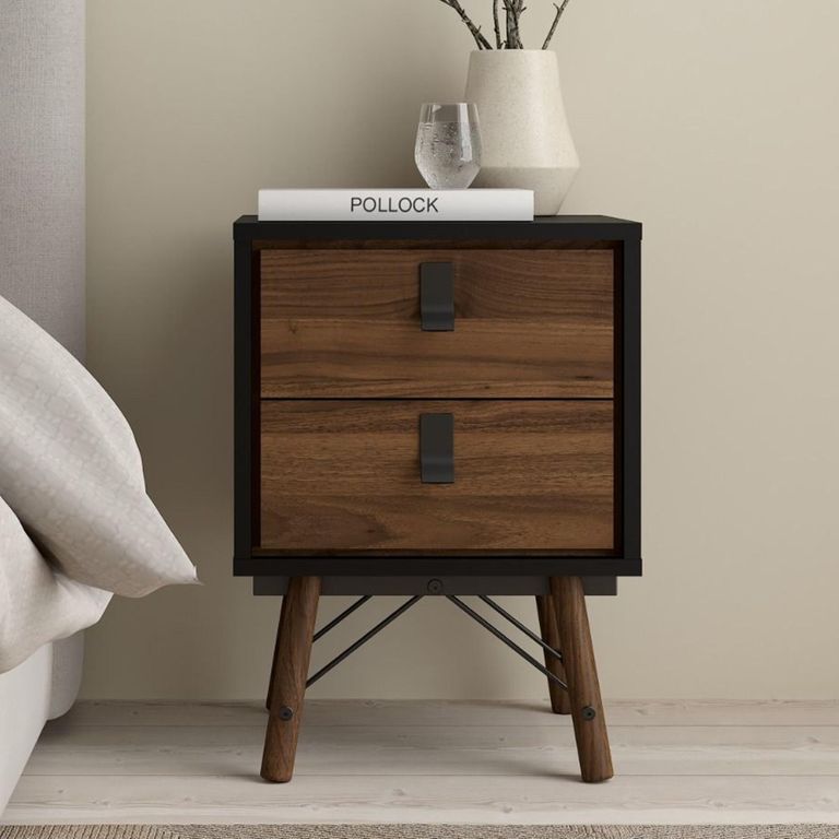 Clearance - Ry Bedside Cabinet - 2 Drawer - Matt Black Walnut - A521