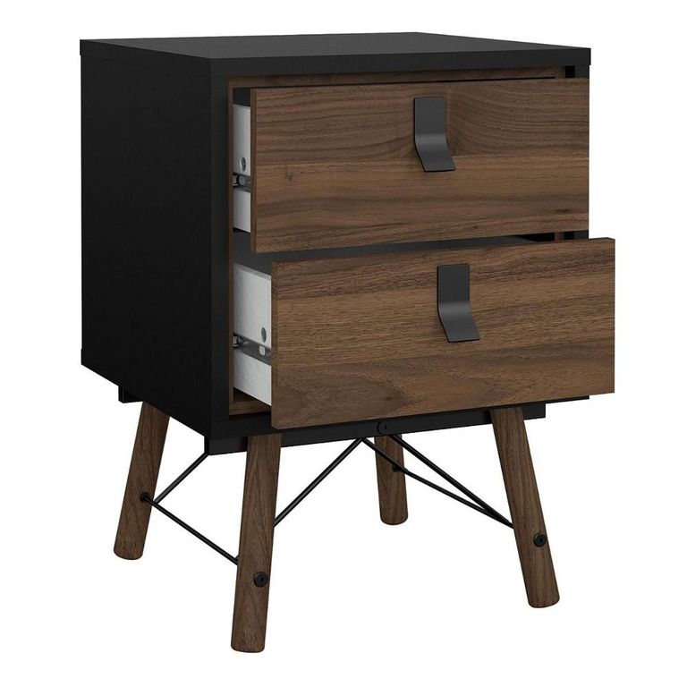 Clearance - Ry Bedside Cabinet - 2 Drawer - Matt Black Walnut - A521
