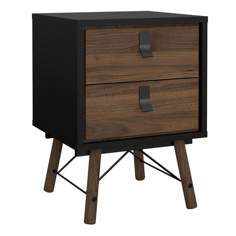 Clearance - Ry Bedside Cabinet - 2 Drawer - Matt Black Walnut - A521