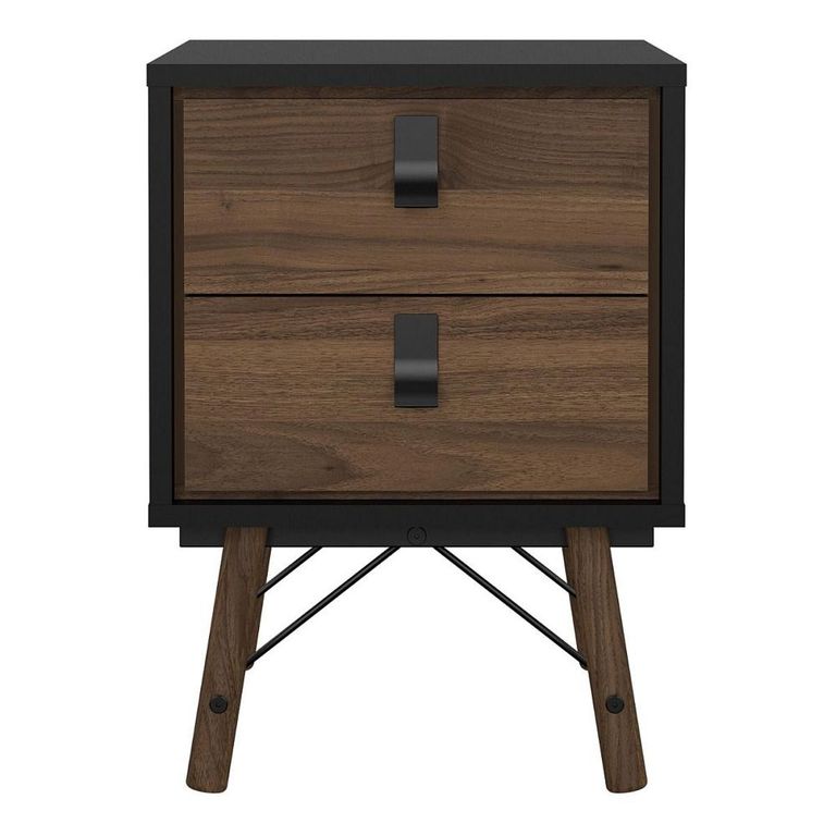 Clearance - Ry Bedside Cabinet - 2 Drawer - Matt Black Walnut - A521