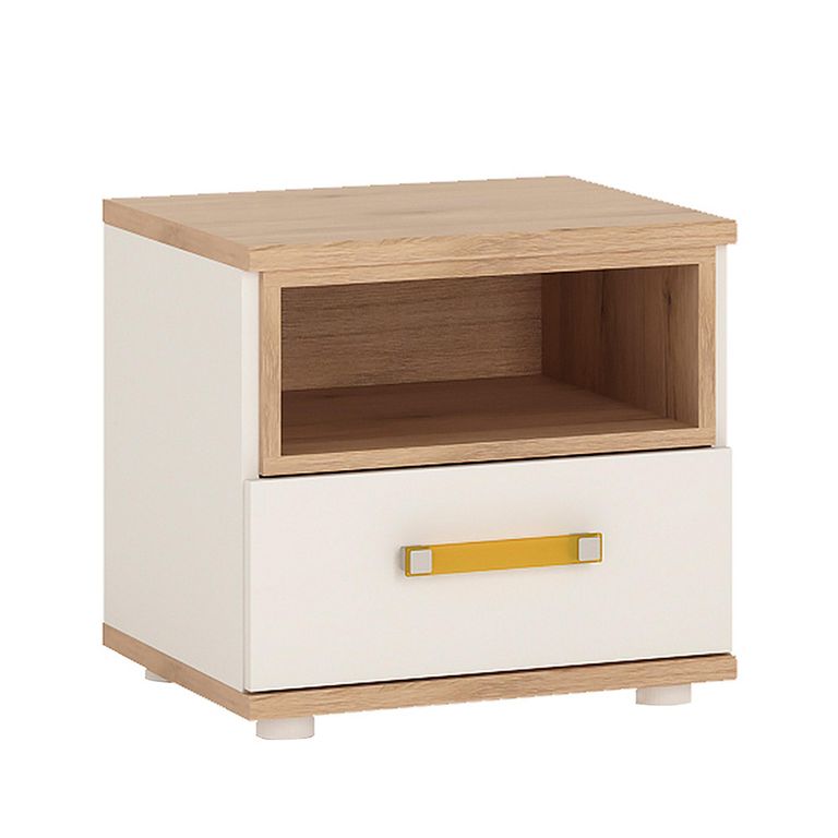 4Kids Bedside Cabinet - 1 Drawer - Orange Handle - White and Oak