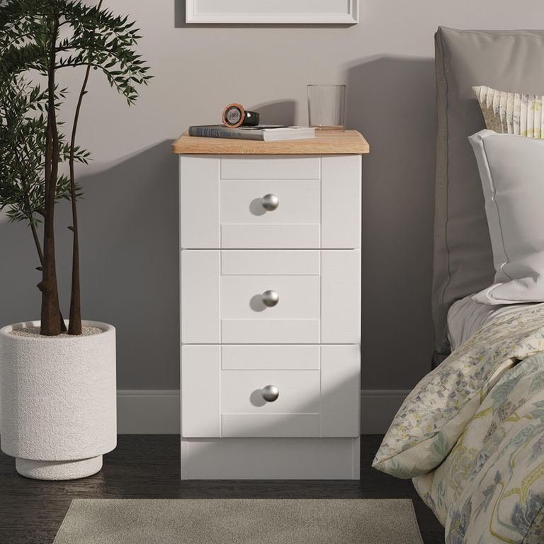 Sussex Bedside Cabinet - 3 Drawer - White and Oak
