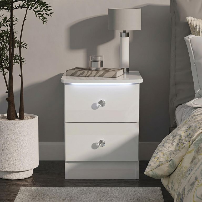 Lumiere Bedside Cabinet - 2 Drawer - White Gloss