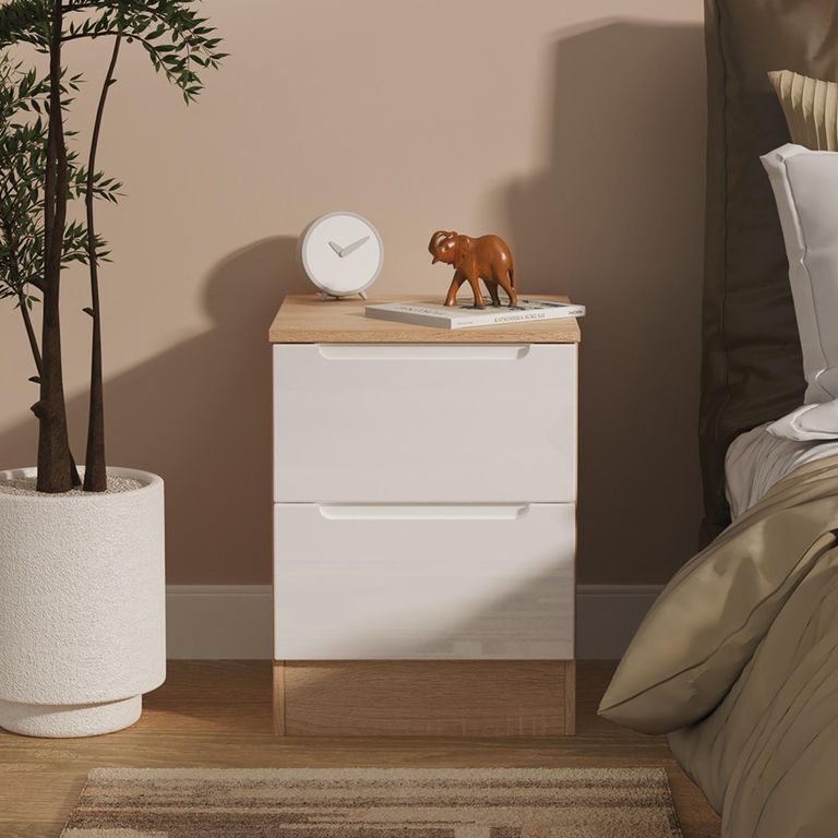 Milan Bedside Cabinet - 2 Drawer - White Gloss and Oak