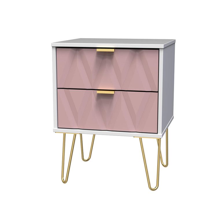 Diamond Bedside Cabinet - 2 Drawer - with Gold Hairpin Legs - Pink and White
