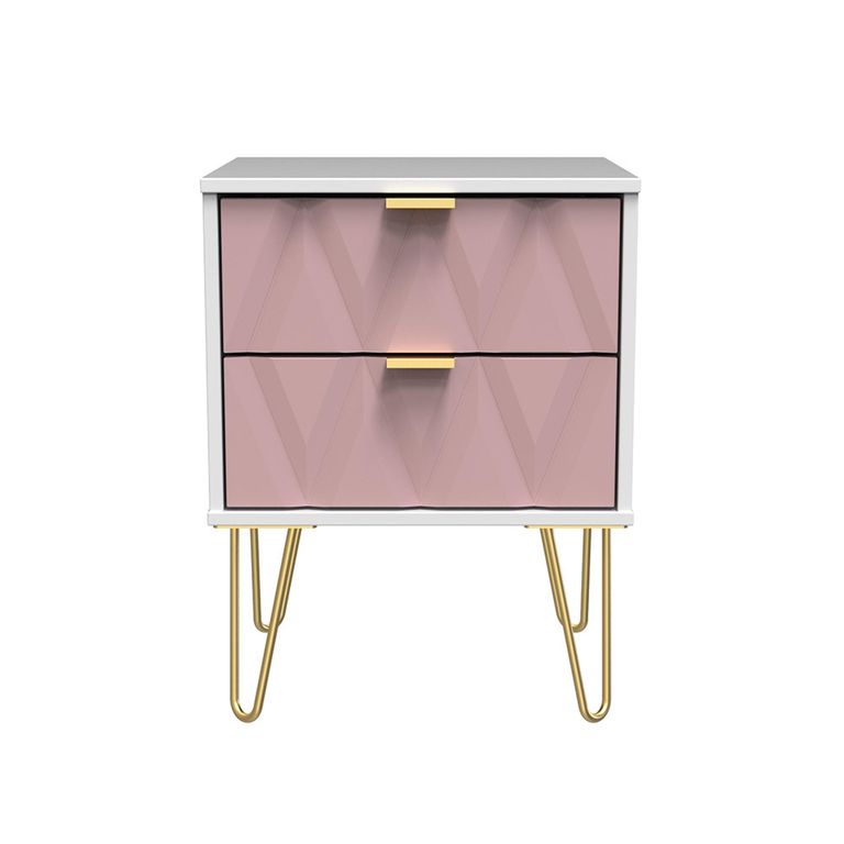 Diamond Bedside Cabinet - 2 Drawer - with Gold Hairpin Legs - Pink and White