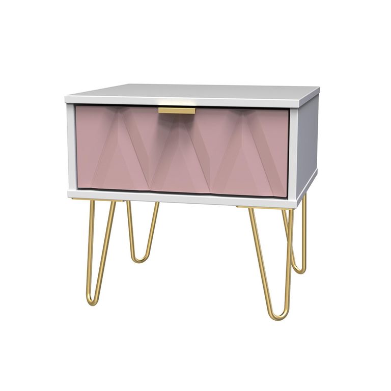 Diamond Bedside Table - 1 Drawer - with Gold Hairpin Legs - Pink and White