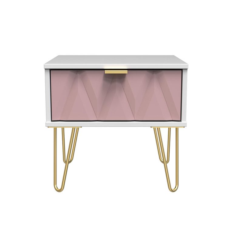 Diamond Bedside Table - 1 Drawer - with Gold Hairpin Legs - Pink and White