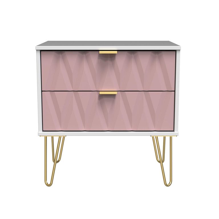 Diamond Midi Bedside Cabinet - 2 Drawer - with Gold Hairpin Legs - Pink and White