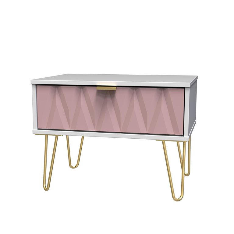 Diamond Midi Bedside Table - 1 Drawer - with Gold Hairpin Legs - Pink and White