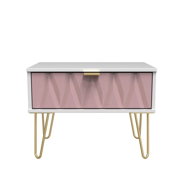 Diamond Midi Bedside Table - 1 Drawer - with Gold Hairpin Legs - Pink and White