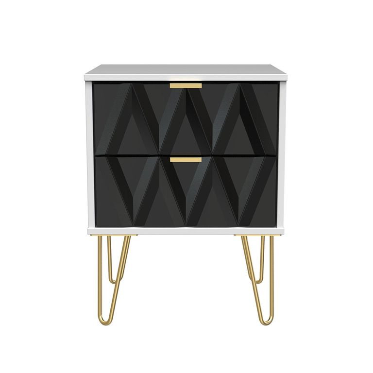 Diamond Bedside Cabinet - 2 Drawer - with Gold Hairpin Legs - Black and White