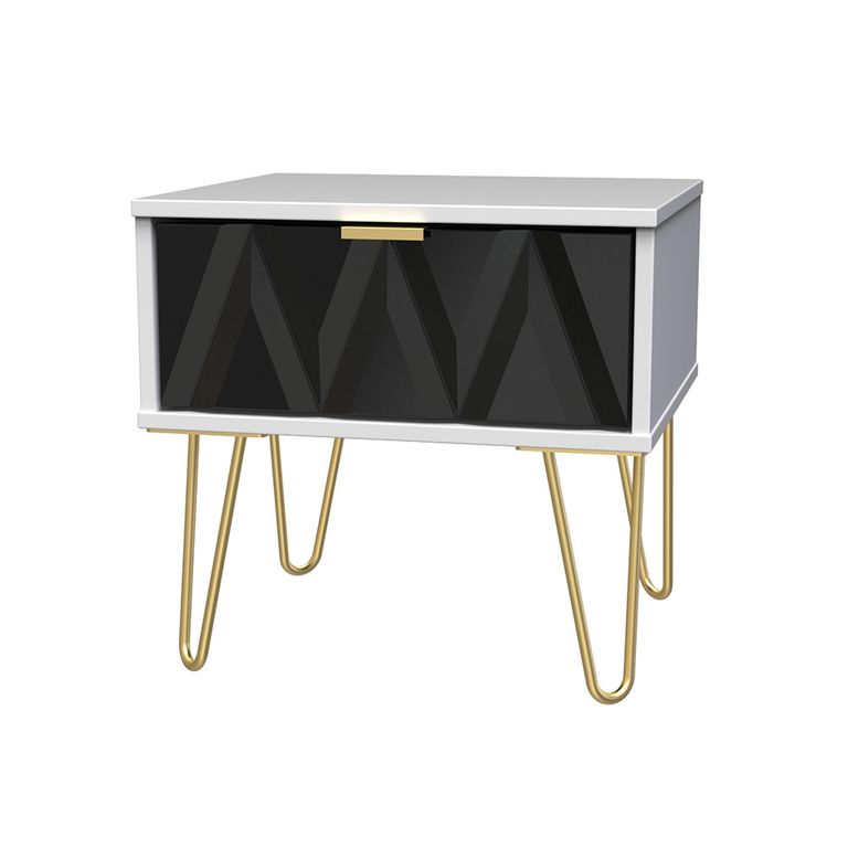 Diamond Bedside Table - 1 Drawer - with Gold Hairpin Legs - Black and White