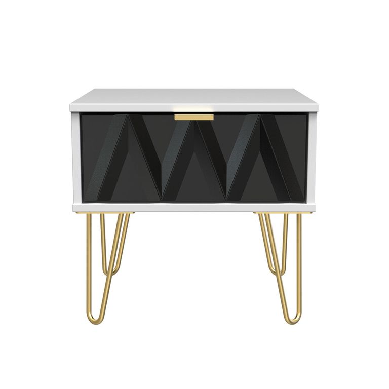 Diamond Bedside Table - 1 Drawer - with Gold Hairpin Legs - Black and White