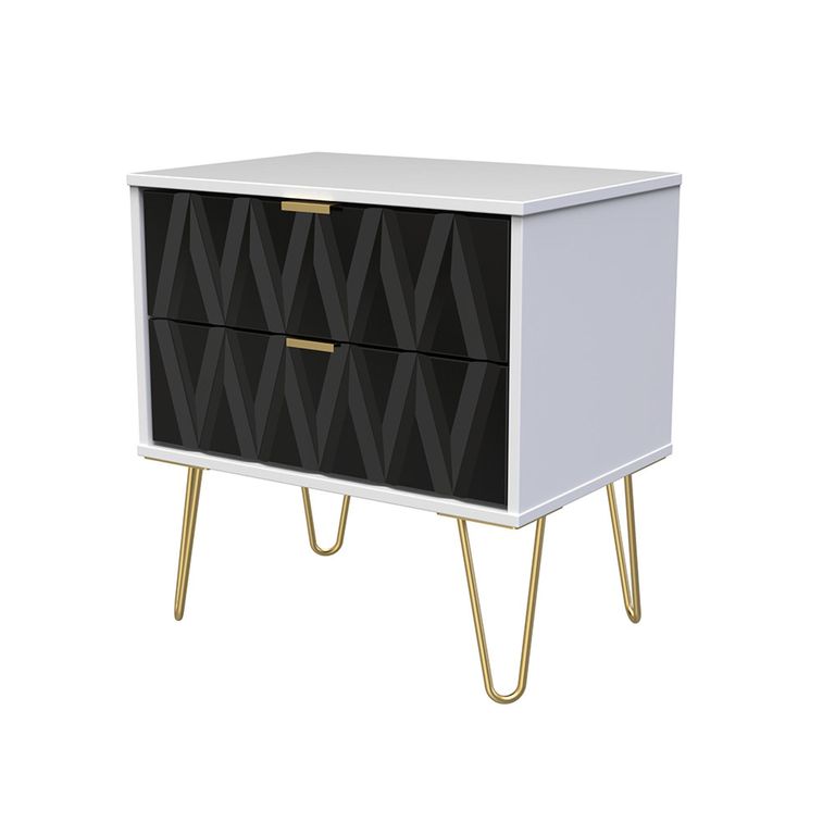 Diamond Midi Bedside Cabinet - 2 Drawer - with Gold Hairpin Legs - Black and White