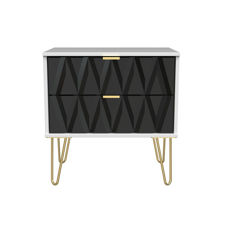 Diamond Midi Bedside Cabinet - 2 Drawer - with Gold Hairpin Legs - Black and White