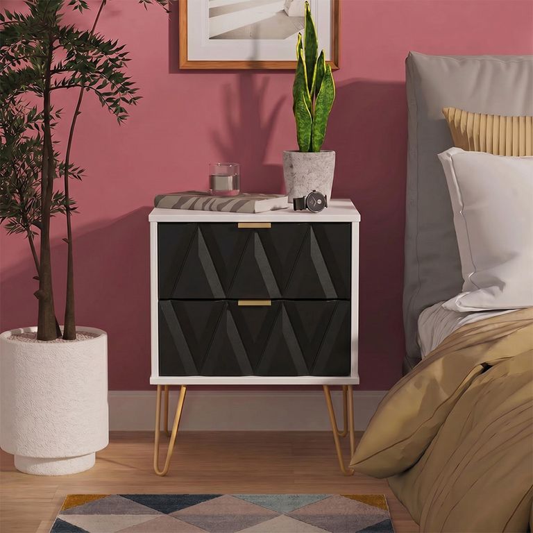 Diamond Bedside Cabinet - 2 Drawer - with Gold Hairpin Legs - Black and White