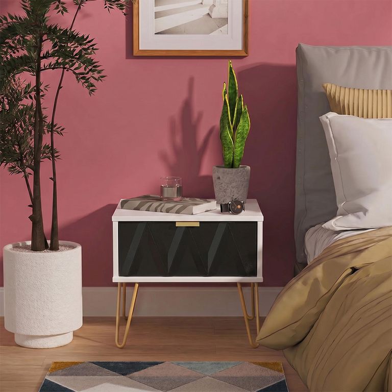 Diamond Bedside Table - 1 Drawer - with Gold Hairpin Legs - Black and White
