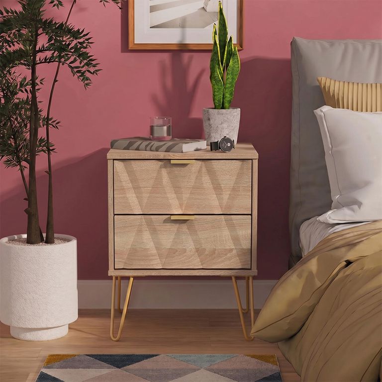 Diamond Bedside Cabinet - 2 Drawer - with Gold Hairpin Legs - Oak