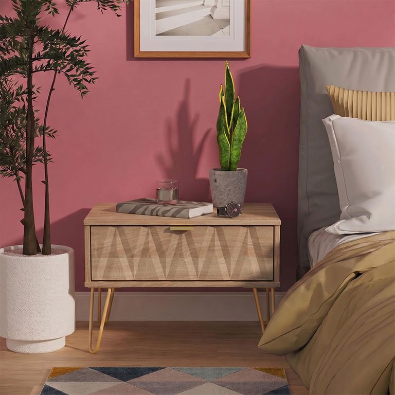 Diamond Midi Bedside Table - 1 Drawer - with Gold Hairpin Legs - Oak