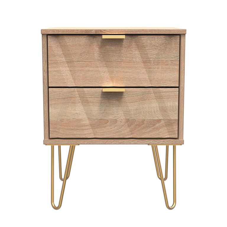 Diamond Bedside Cabinet - 2 Drawer - with Gold Hairpin Legs - Oak