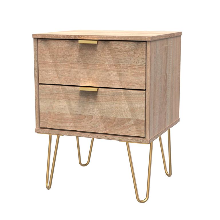 Diamond Bedside Cabinet - 2 Drawer - with Gold Hairpin Legs - Oak