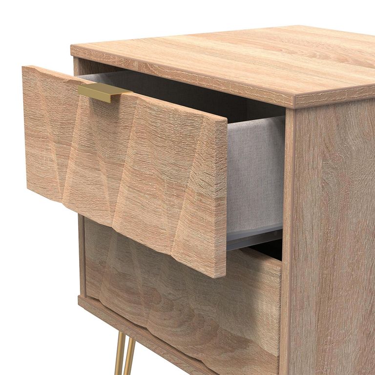 Diamond Bedside Cabinet - 2 Drawer - with Gold Hairpin Legs - Oak