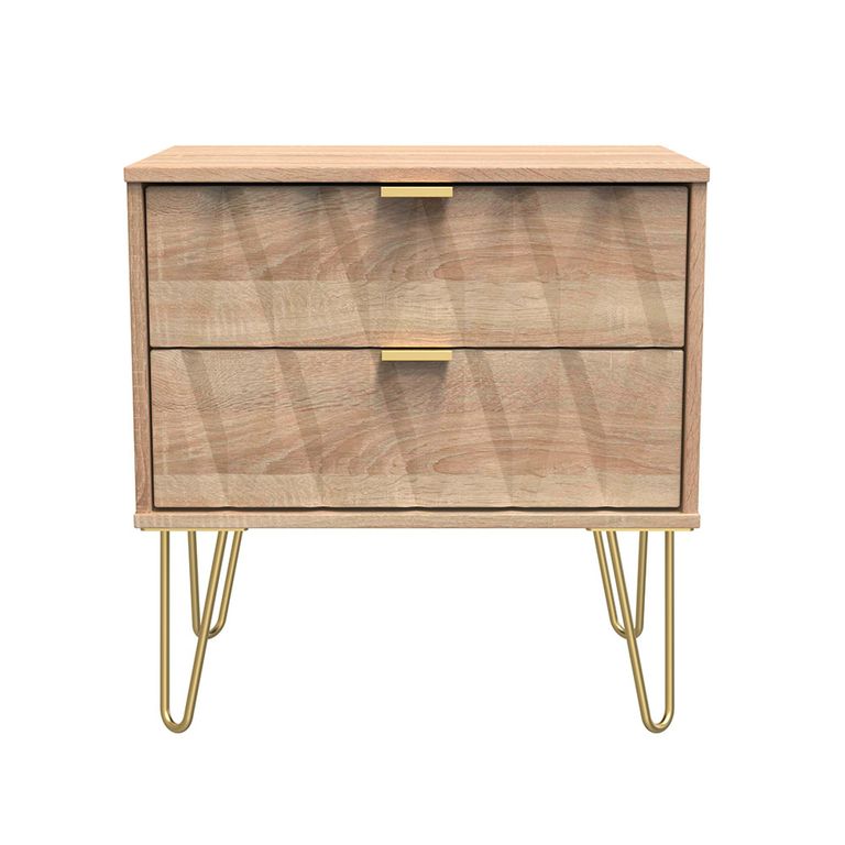 Diamond Midi Bedside Cabinet - 2 Drawer - with Gold Hairpin Legs - Oak