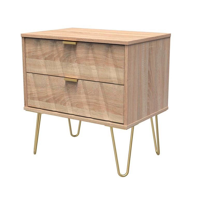 Diamond Midi Bedside Cabinet - 2 Drawer - with Gold Hairpin Legs - Oak