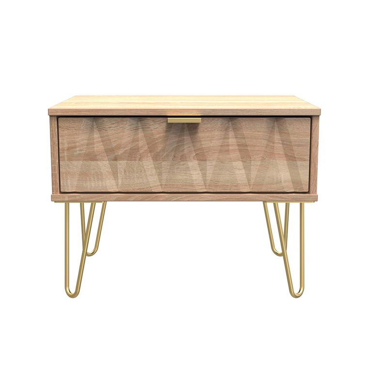 Diamond Midi Bedside Table - 1 Drawer - with Gold Hairpin Legs - Oak